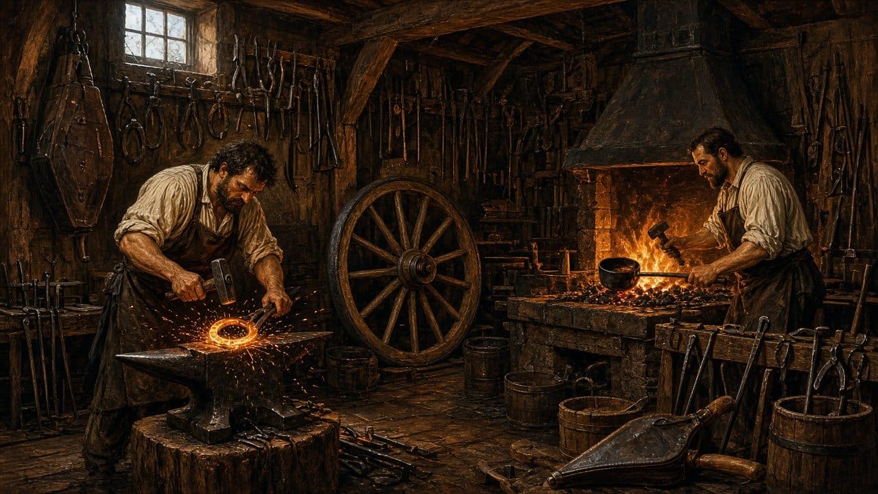 A blacksmith shaping a horseshoe in his forge, among tools, a wagon wheel, and the hearth